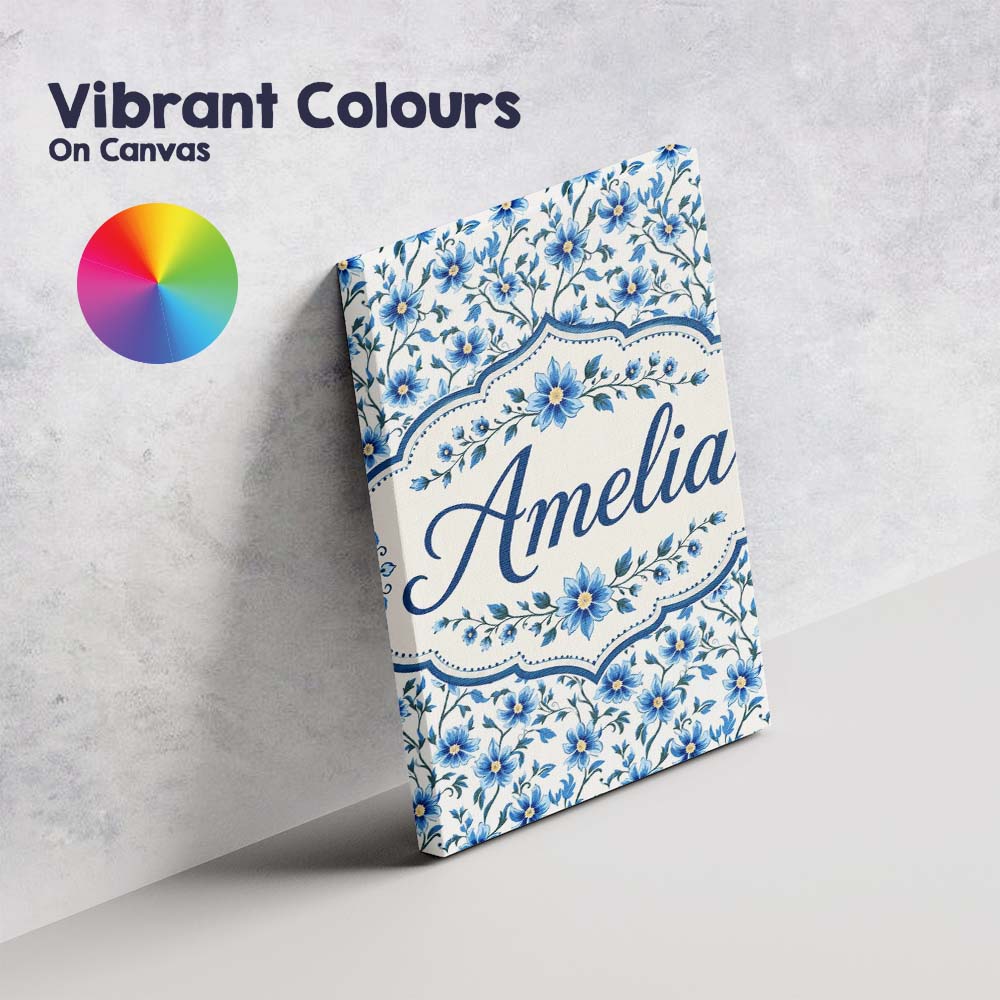 Personalised Name Classic Blue Floral Vine Custom  Unique Gift Idea Elegant Feature Canvas Wall Art Print Decor Picture Ready to Hang