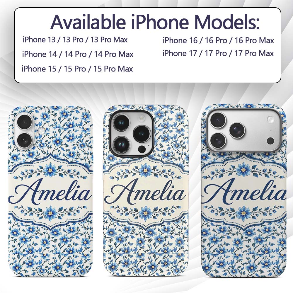 Classic Blue Floral Vine Pattern Printed Design Custom Name Protective Phone Case Mobile Cover Durable Everyday Smartphone Shock Resistant