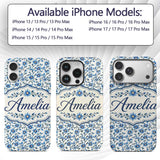 Classic Blue Floral Vine Pattern Printed Design Custom Name Protective Phone Case Mobile Cover Durable Everyday Smartphone Shock Resistant