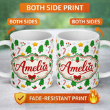 Personalized Custom Name Cute Christmas Trees Stars Holly Candy Cane Seamless Pattern Lovely 11oz Ceramic Coffee Tea Mug White Large Handle