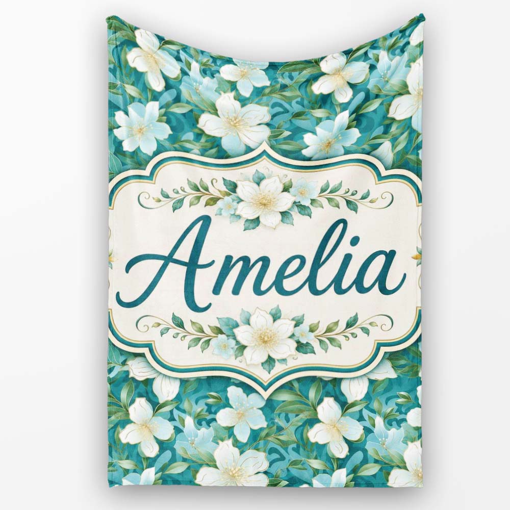 Aqua Floral Blossom Pattern with Soft White Flowers and Green Leaves  Personalised Custom Name Super Soft Fleece Blanket Bed Sofa Throw