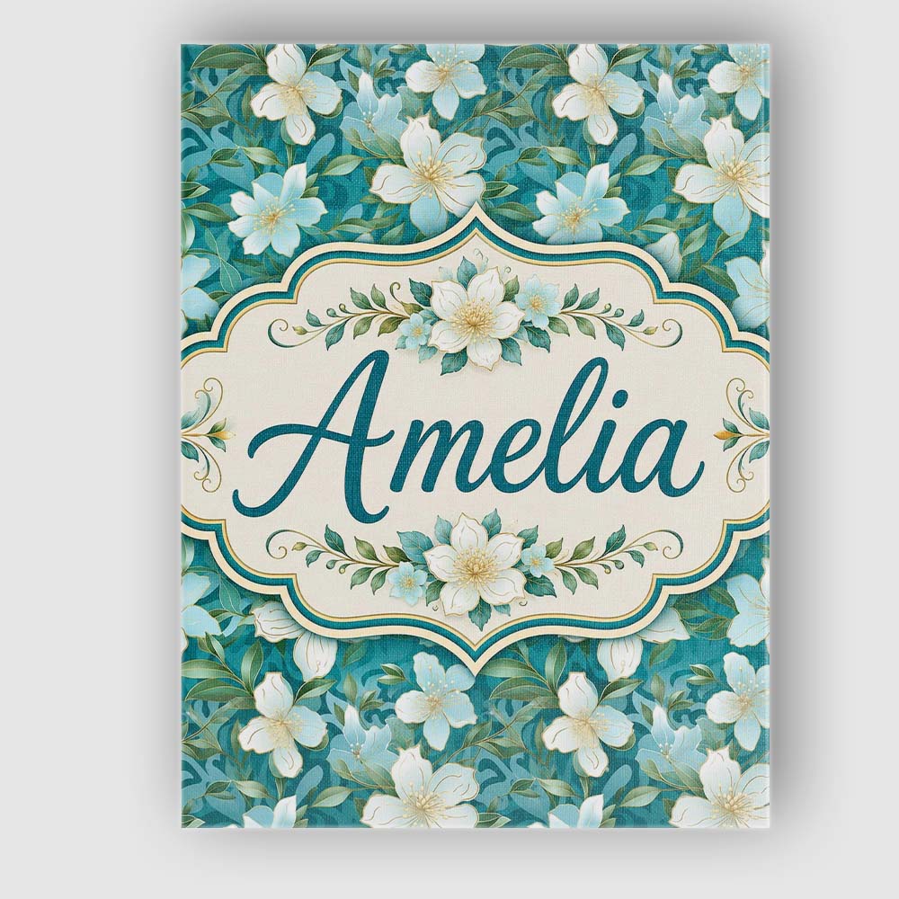 Personalised Name Aqua Floral Blossom Custom Modern Room Accent Creative Decorator Style Canvas Wall Art Print Decor Picture Ready to Hang