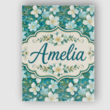 Personalised Name Aqua Floral Blossom Custom Modern Room Accent Creative Decorator Style Canvas Wall Art Print Decor Picture Ready to Hang