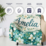 Aqua Floral Blossom Pattern with Soft White Flowers and Green Leaves  Personalised Custom Name Super Soft Fleece Blanket Bed Sofa Throw