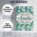 Personalised Name Aqua Floral Blossom Custom Modern Room Accent Creative Decorator Style Canvas Wall Art Print Decor Picture Ready to Hang
