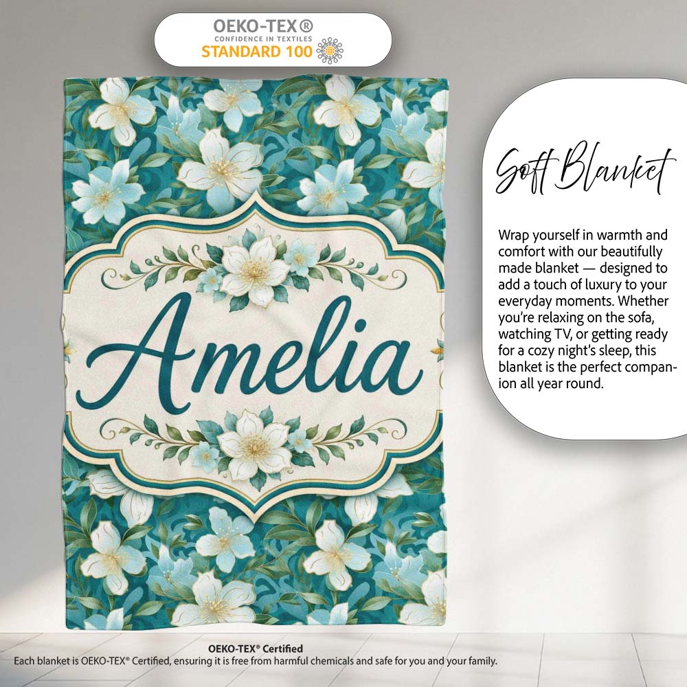 Aqua Floral Blossom Pattern with Soft White Flowers and Green Leaves  Personalised Custom Name Super Soft Fleece Blanket Bed Sofa Throw