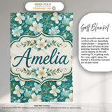 Aqua Floral Blossom Pattern with Soft White Flowers and Green Leaves  Personalised Custom Name Super Soft Fleece Blanket Bed Sofa Throw