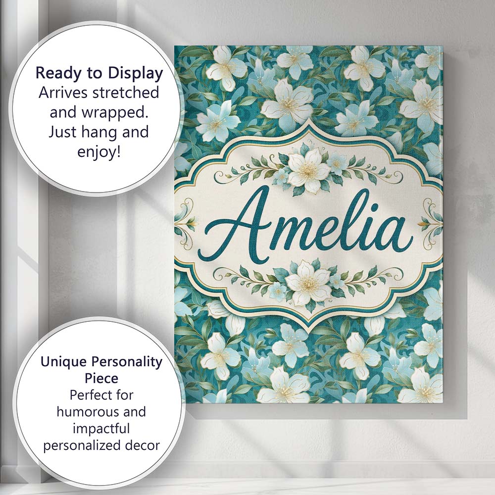 Personalised Name Aqua Floral Blossom Custom Modern Room Accent Creative Decorator Style Canvas Wall Art Print Decor Picture Ready to Hang