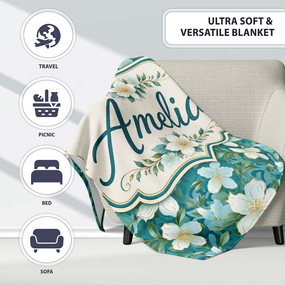 Aqua Floral Blossom Pattern with Soft White Flowers and Green Leaves  Personalised Custom Name Super Soft Fleece Blanket Bed Sofa Throw