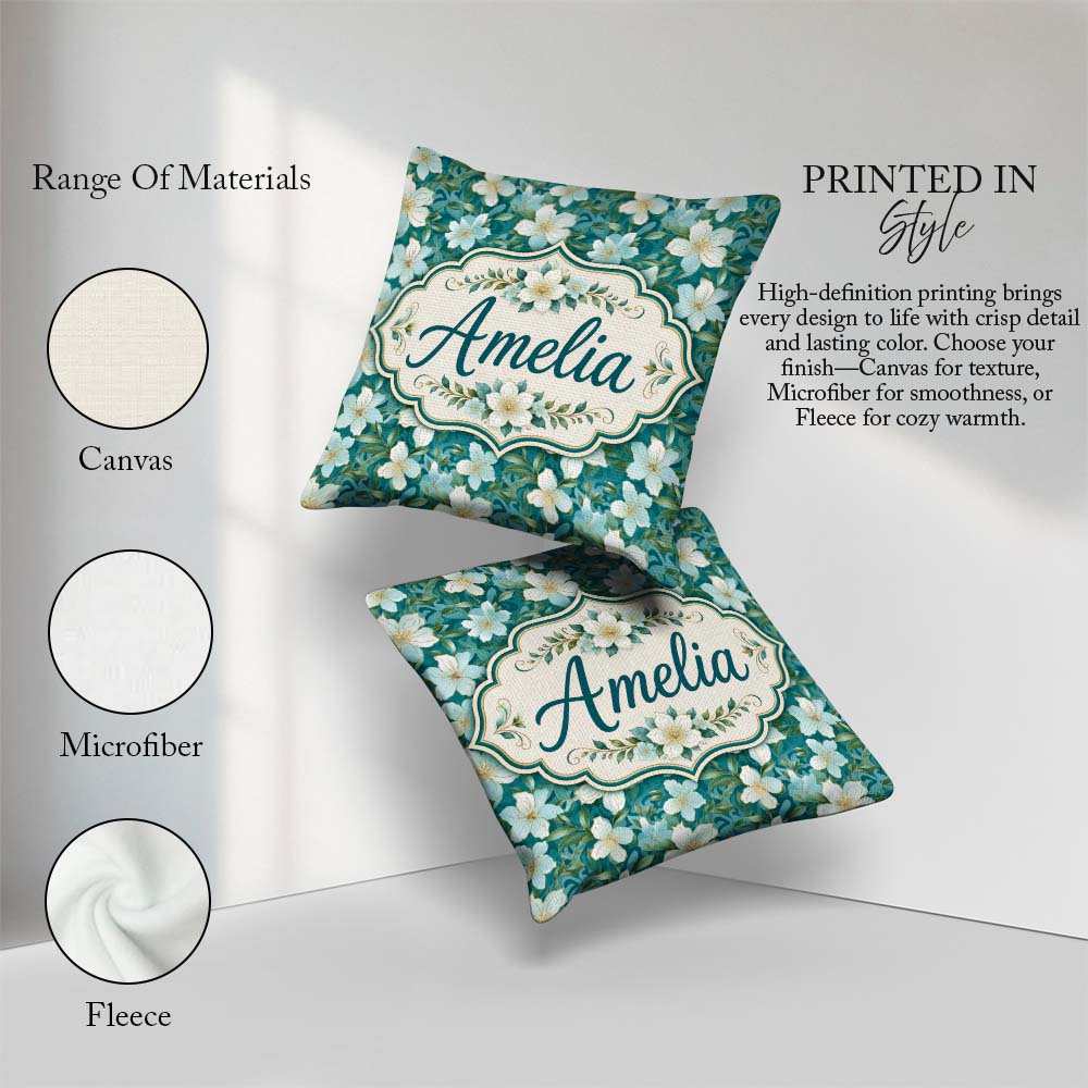 Custom Name Aqua Floral Blossom with Soft White and Green Leaves Square Filled Cushion Throw Pillow Sofa Bed Home Decor Zip Washable UK Made