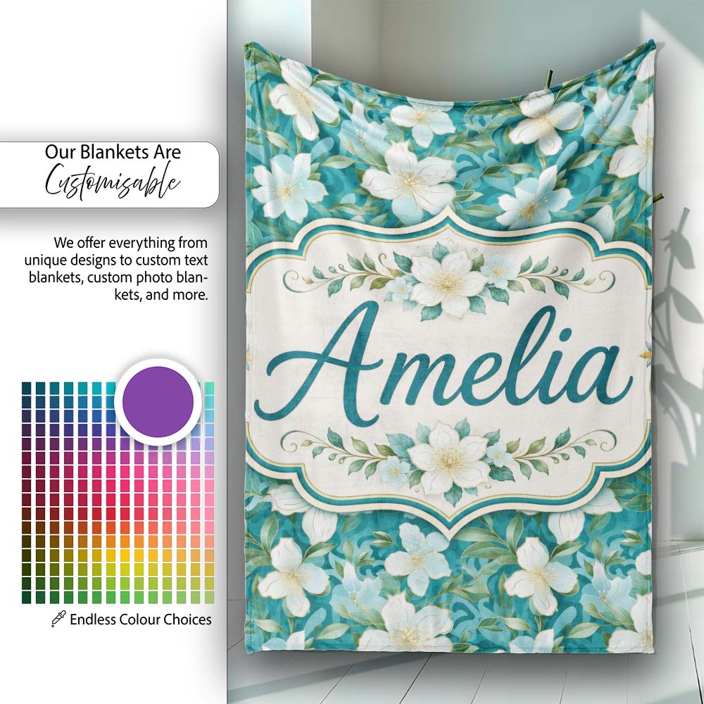 Aqua Floral Blossom Pattern with Soft White Flowers and Green Leaves  Personalised Custom Name Super Soft Fleece Blanket Bed Sofa Throw