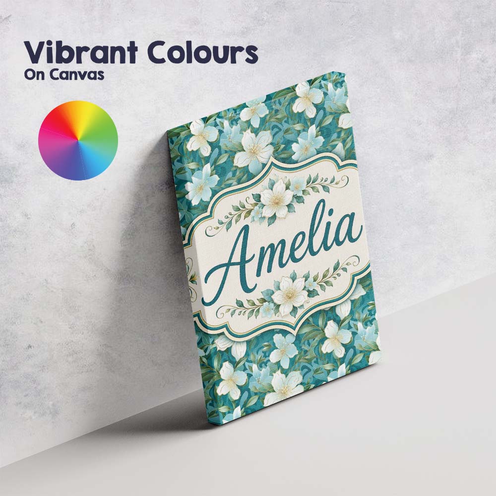 Personalised Name Aqua Floral Blossom Custom Modern Room Accent Creative Decorator Style Canvas Wall Art Print Decor Picture Ready to Hang