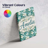 Personalised Name Aqua Floral Blossom Custom Modern Room Accent Creative Decorator Style Canvas Wall Art Print Decor Picture Ready to Hang