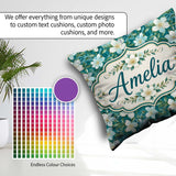 Custom Name Aqua Floral Blossom with Soft White and Green Leaves Square Filled Cushion Throw Pillow Sofa Bed Home Decor Zip Washable UK Made