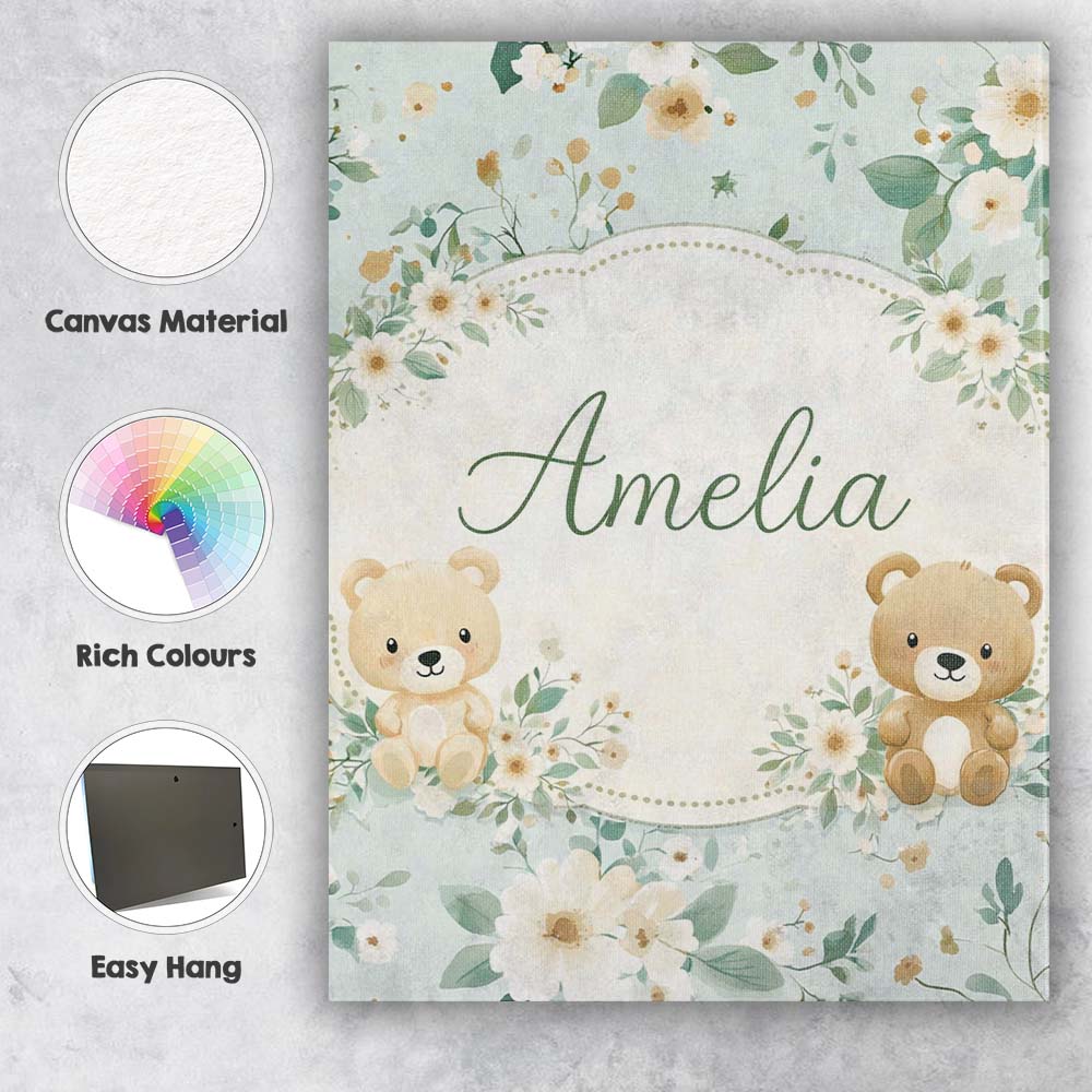 Personalised Name Teddy Bear Floral Nursery Pattern Blue Background Custom Canvas Wall Art Print Decor Picture Ready to Hang