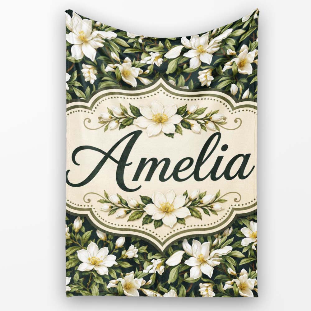 Dark Background Magnolia Style White Flowers with Green Foliage  Personalised Custom Name Super Soft Fleece Blanket Bed Sofa Throw