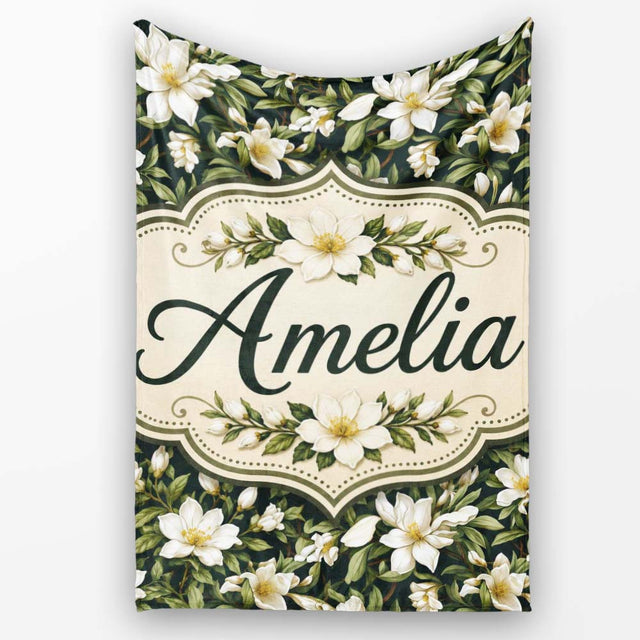 Dark Background Magnolia Style White Flowers with Green Foliage  Personalised Custom Name Super Soft Fleece Blanket Bed Sofa Throw