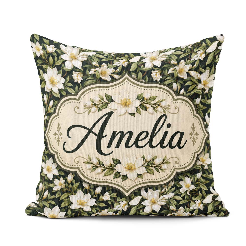 Custom Name Dark Magnolia Style White Flowers with Green Foliage Square Filled Cushion Throw Pillow Sofa Bed Home Decor Zip Washable UK Made