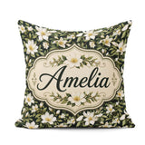 Custom Name Dark Magnolia Style White Flowers with Green Foliage Square Filled Cushion Throw Pillow Sofa Bed Home Decor Zip Washable UK Made