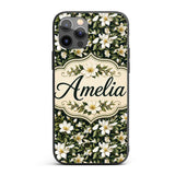 Dark Background Magnolia Style White Flowers with Custom Name Protective Phone Case Mobile Cover Durable Everyday Smartphone Shock Resistant
