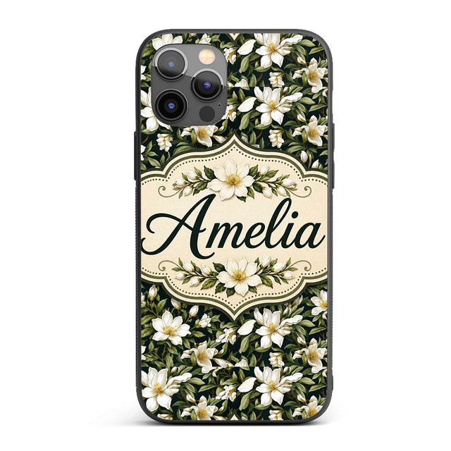 Dark Background Magnolia Style White Flowers with Custom Name Protective Phone Case Mobile Cover Durable Everyday Smartphone Shock Resistant