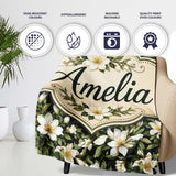 Dark Background Magnolia Style White Flowers with Green Foliage  Personalised Custom Name Super Soft Fleece Blanket Bed Sofa Throw