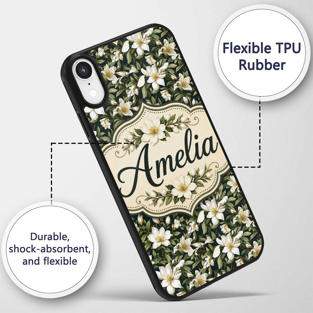 Dark Background Magnolia Style White Flowers with Custom Name Protective Phone Case Mobile Cover Durable Everyday Smartphone Shock Resistant