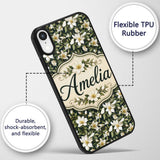 Dark Background Magnolia Style White Flowers with Custom Name Protective Phone Case Mobile Cover Durable Everyday Smartphone Shock Resistant