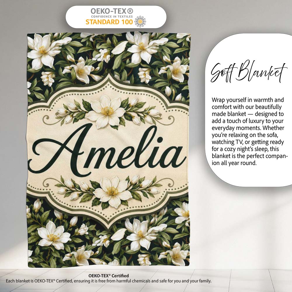Dark Background Magnolia Style White Flowers with Green Foliage  Personalised Custom Name Super Soft Fleece Blanket Bed Sofa Throw