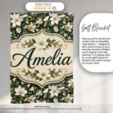 Dark Background Magnolia Style White Flowers with Green Foliage  Personalised Custom Name Super Soft Fleece Blanket Bed Sofa Throw