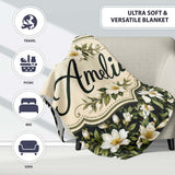 Dark Background Magnolia Style White Flowers with Green Foliage  Personalised Custom Name Super Soft Fleece Blanket Bed Sofa Throw
