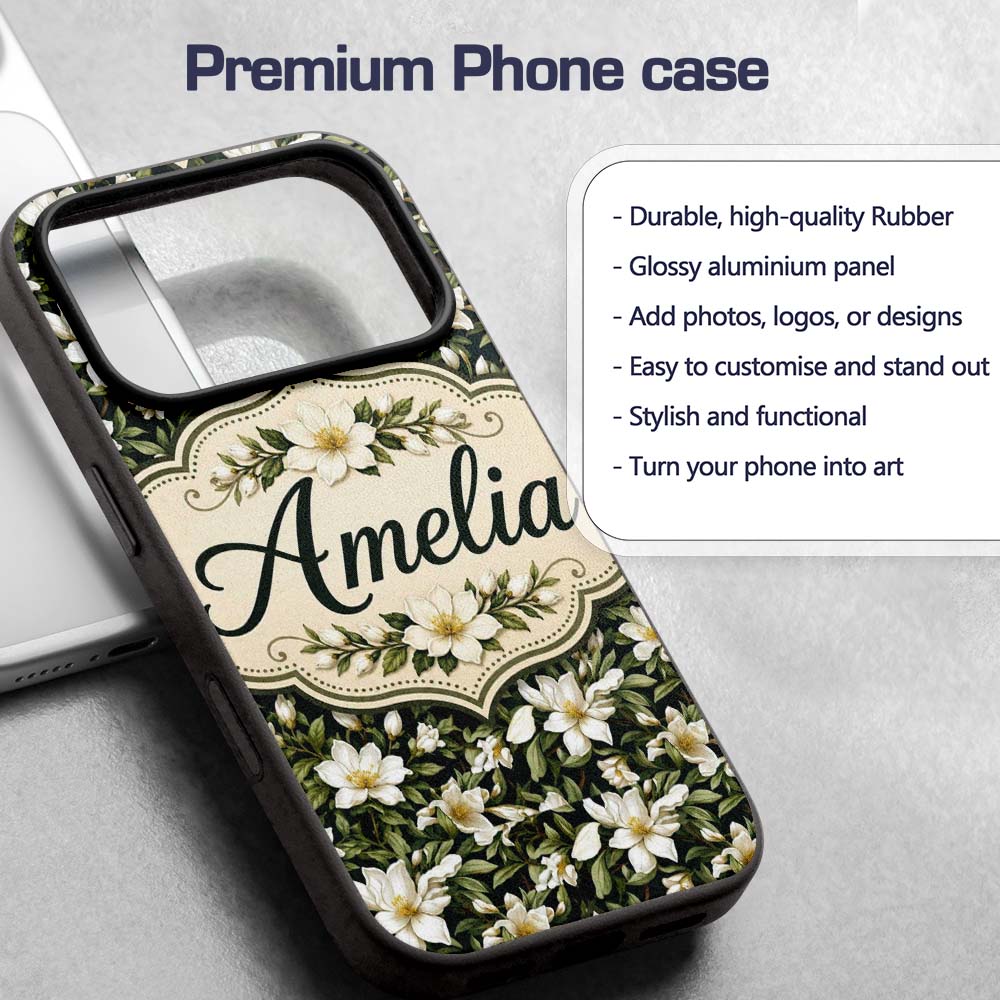 Dark Background Magnolia Style White Flowers with Custom Name Protective Phone Case Mobile Cover Durable Everyday Smartphone Shock Resistant