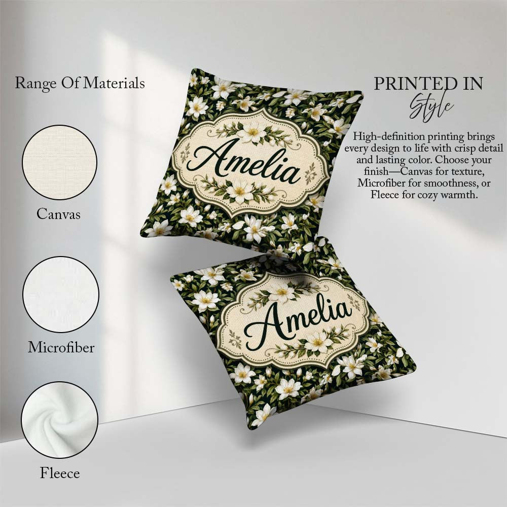 Custom Name Dark Magnolia Style White Flowers with Green Foliage Square Filled Cushion Throw Pillow Sofa Bed Home Decor Zip Washable UK Made