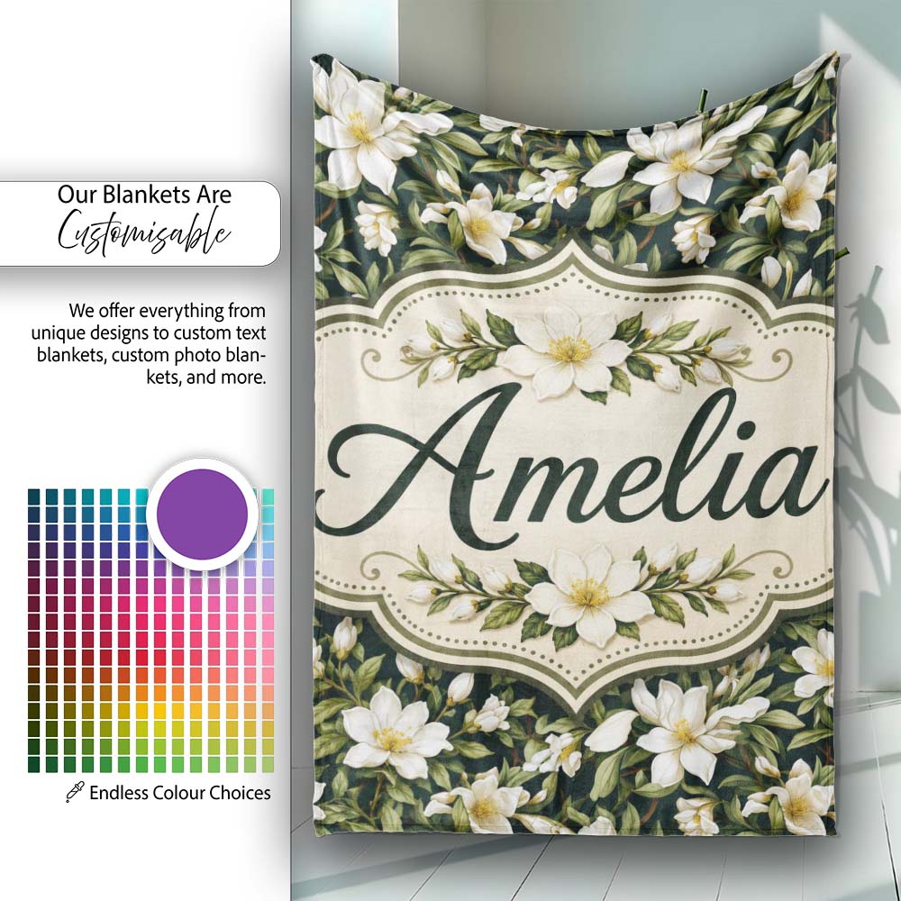 Dark Background Magnolia Style White Flowers with Green Foliage  Personalised Custom Name Super Soft Fleece Blanket Bed Sofa Throw