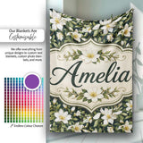 Dark Background Magnolia Style White Flowers with Green Foliage  Personalised Custom Name Super Soft Fleece Blanket Bed Sofa Throw