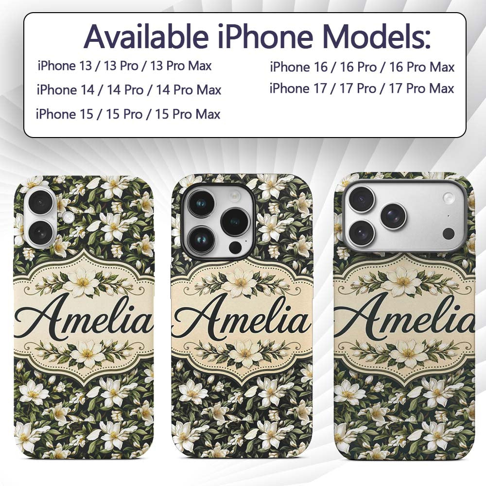 Dark Background Magnolia Style White Flowers with Custom Name Protective Phone Case Mobile Cover Durable Everyday Smartphone Shock Resistant