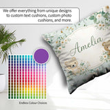 Custom Name Bear Floral Nursery Pattern Blue Background Seamless Square Filled Cushion Throw Pillow Sofa Bed Home Decor Zip Washable UK Made