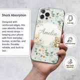 Teddy Bear Floral Nursery Pattern Blue Background Custom Name Protective Phone Case Mobile Cover Durable Everyday Smartphone Shock Resistant