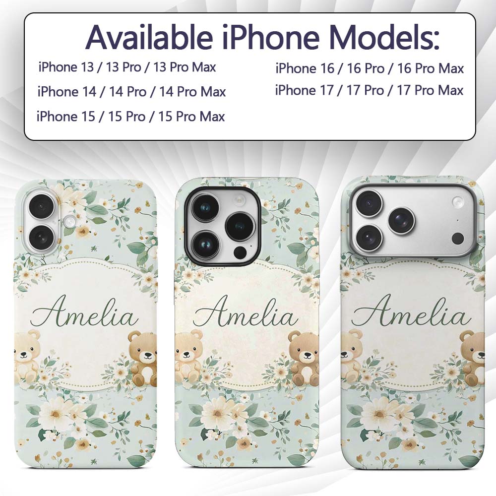 Teddy Bear Floral Nursery Pattern Blue Background Custom Name Protective Phone Case Mobile Cover Durable Everyday Smartphone Shock Resistant