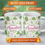Personalized Custom Name Minimal Christmas Tree Branch Berry Pink Bow Seamless Pattern Lovely 11oz Ceramic Coffee Tea Mug White Large Handle