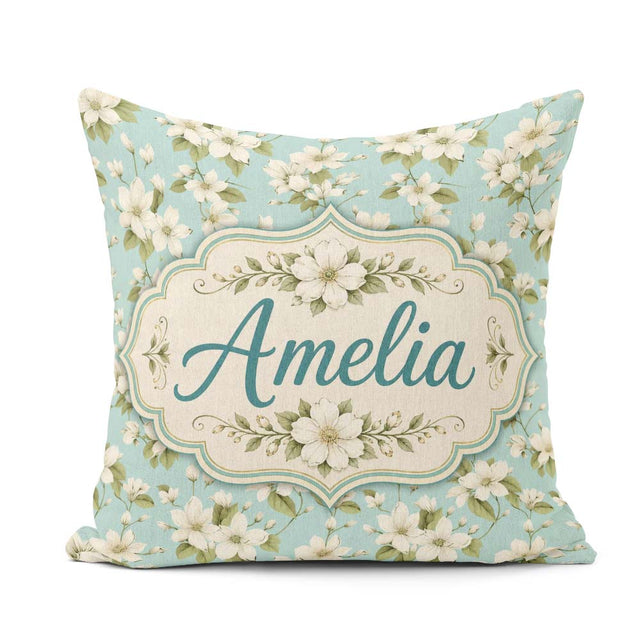 Custom Name Light Blue Background Delicate Flower Branch Pattern Square Filled Cushion Throw Pillow Sofa Bed Home Decor Zip Washable UK Made
