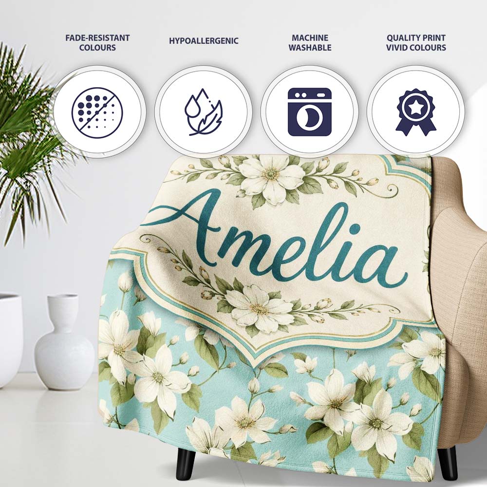 Light Blue Background Delicate White Flower Branch Pattern Botanical  Personalised Custom Name Super Soft Fleece Blanket Bed Sofa Throw
