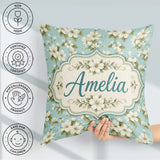 Custom Name Light Blue Background Delicate Flower Branch Pattern Square Filled Cushion Throw Pillow Sofa Bed Home Decor Zip Washable UK Made