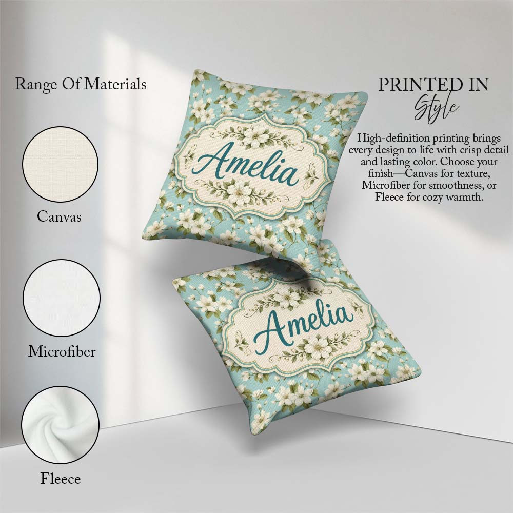 Custom Name Light Blue Background Delicate Flower Branch Pattern Square Filled Cushion Throw Pillow Sofa Bed Home Decor Zip Washable UK Made