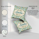 Custom Name Light Blue Background Delicate Flower Branch Pattern Square Filled Cushion Throw Pillow Sofa Bed Home Decor Zip Washable UK Made