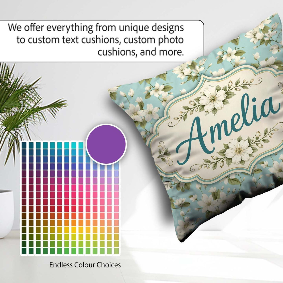 Custom Name Light Blue Background Delicate Flower Branch Pattern Square Filled Cushion Throw Pillow Sofa Bed Home Decor Zip Washable UK Made
