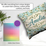 Custom Name Light Blue Background Delicate Flower Branch Pattern Square Filled Cushion Throw Pillow Sofa Bed Home Decor Zip Washable UK Made