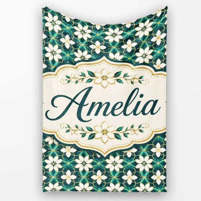 Elegant White Floral Lattice on Teal Geometric Background Seamless  Personalised Custom Name Super Soft Fleece Blanket Bed Sofa Throw