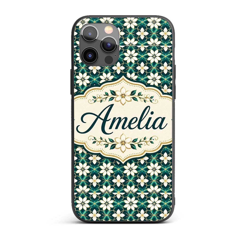 Elegant White Floral Lattice on Teal Geometric Custom Name Protective Phone Case Mobile Cover Durable Everyday Smartphone Shock Resistant