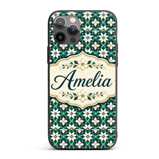 Elegant White Floral Lattice on Teal Geometric Custom Name Protective Phone Case Mobile Cover Durable Everyday Smartphone Shock Resistant